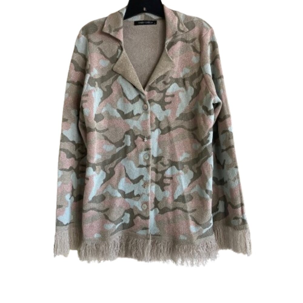 Gabby Isabella Cardigan Medium M Camo Print Pink Metallic Fringed Fairy